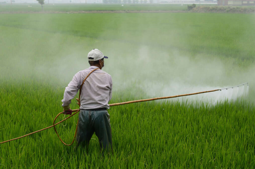 Farmer sprays crops with herbicides