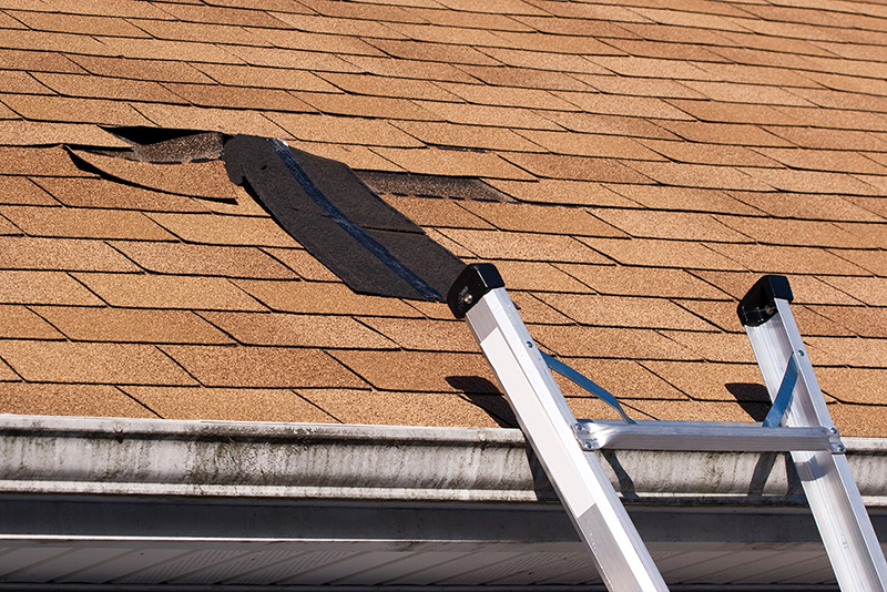 Ladder-propped-at-roof-edge-and-damaged-shingles