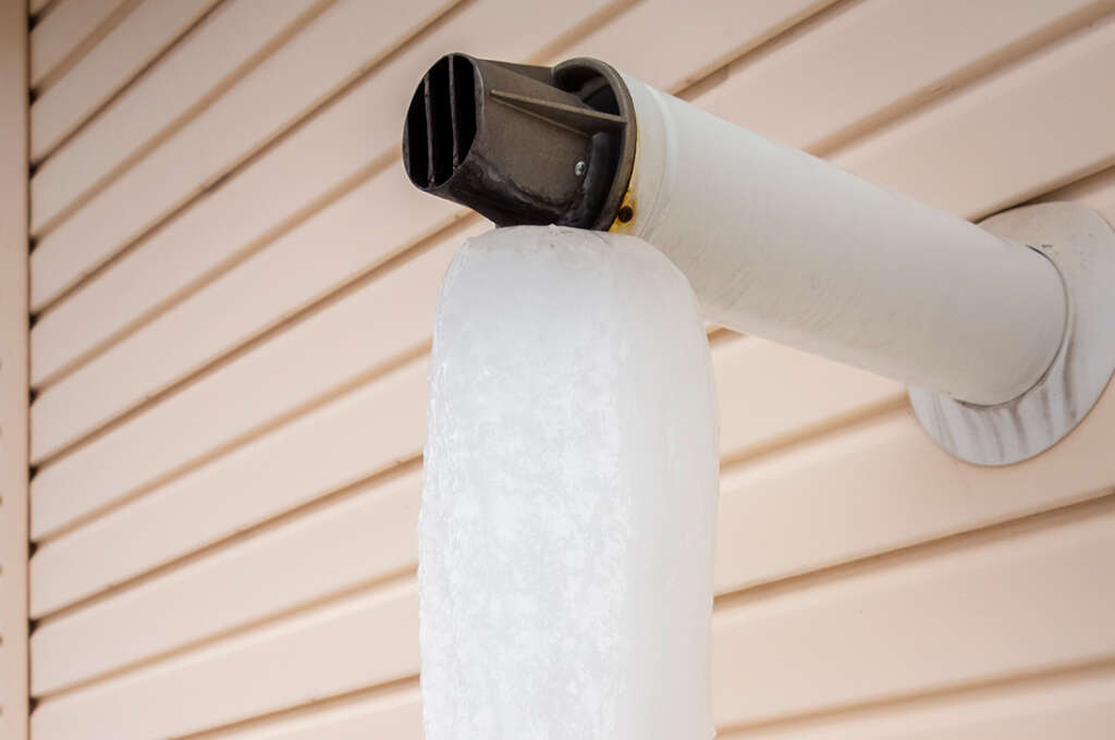If your condensate pipe or heating exhaust is frozen or blocked by snow the condensate can run back into the system and cause a breakdown. Keep this opening clear of snow, and consider insulating exterior points or pipes located in unheated garages.